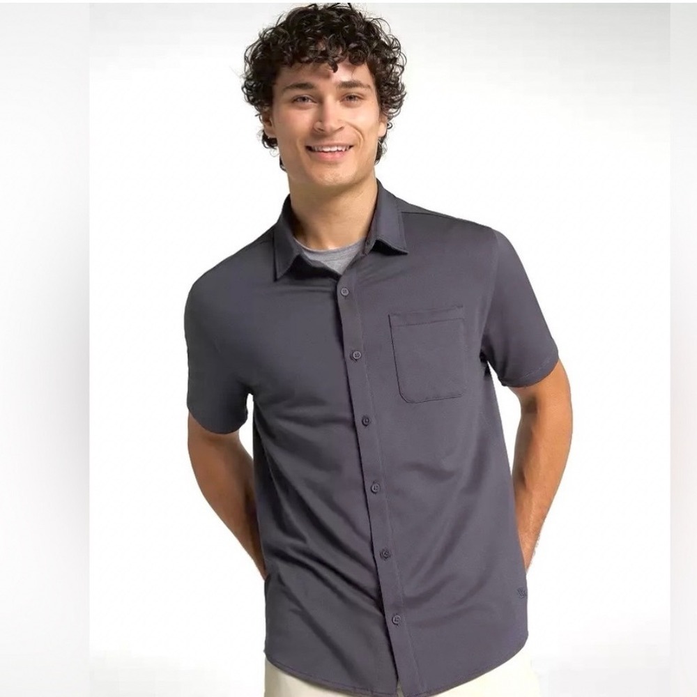 New VRST Mens Medium Refined Knit Button Down Shirt Graphic Charcoal MAX241112DD